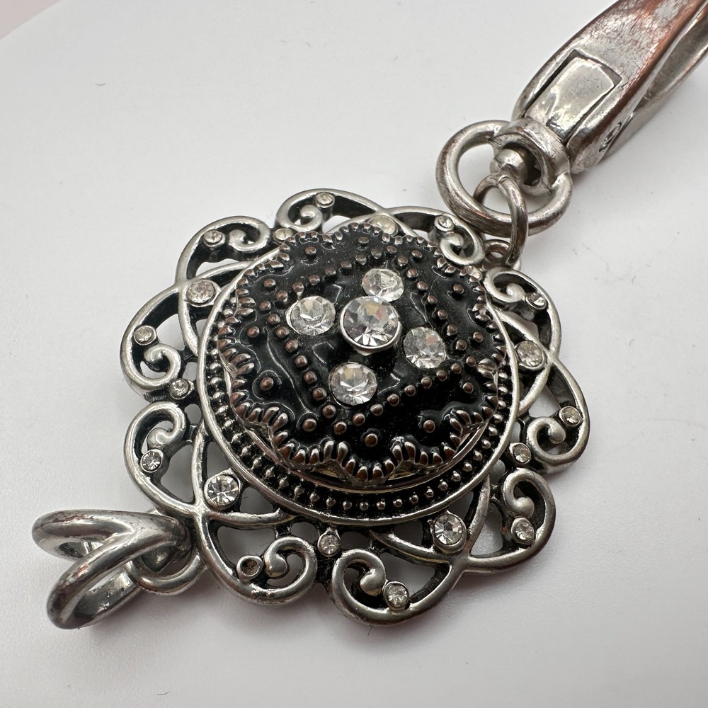 Vintage 90s Silver Tone Black Enamel Filigree Flower Pendant Charm